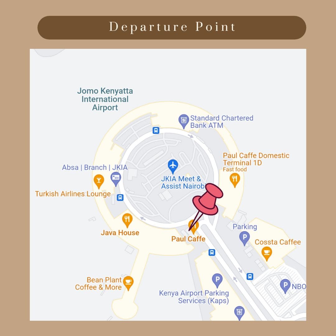 Map showing departure point for Riverside shuttle bus from Nairobi airport